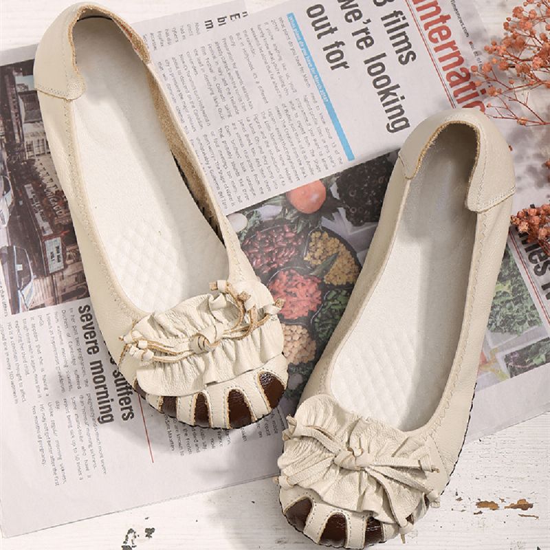 Retro Bloem Decor Rundleder Ronde Neus Zachte Zool Casual Slip-on Platte Schoenen