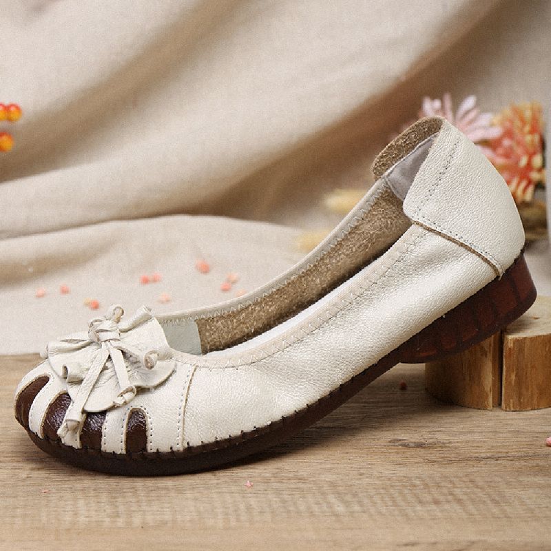 Retro Bloem Decor Rundleder Ronde Neus Zachte Zool Casual Slip-on Platte Schoenen