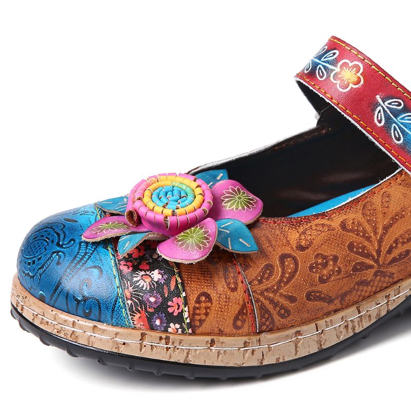 Retro Bloem Splitsen Bloemen Echt Lederen Haak Lus Platte Schoenen