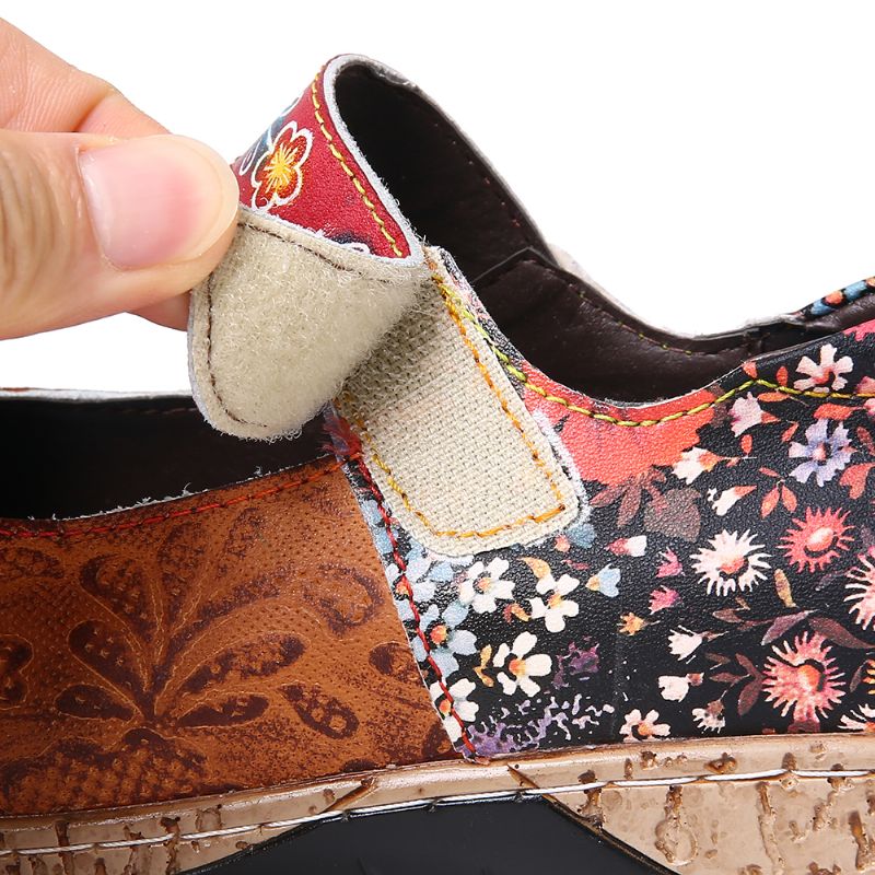 Retro Bloem Splitsen Bloemen Echt Lederen Haak Lus Platte Schoenen