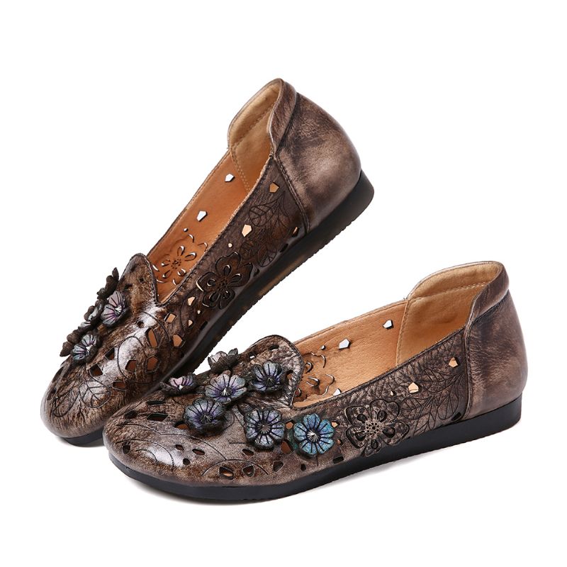 Retro Bloemen Patroon Echt Leer Splicing Holle Zachte Zool Platte Schoenen