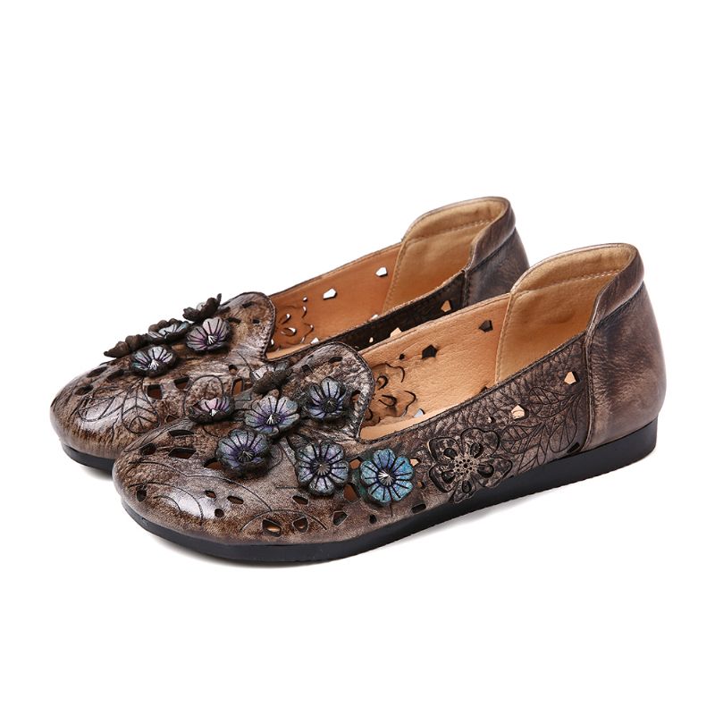 Retro Bloemen Patroon Echt Leer Splicing Holle Zachte Zool Platte Schoenen