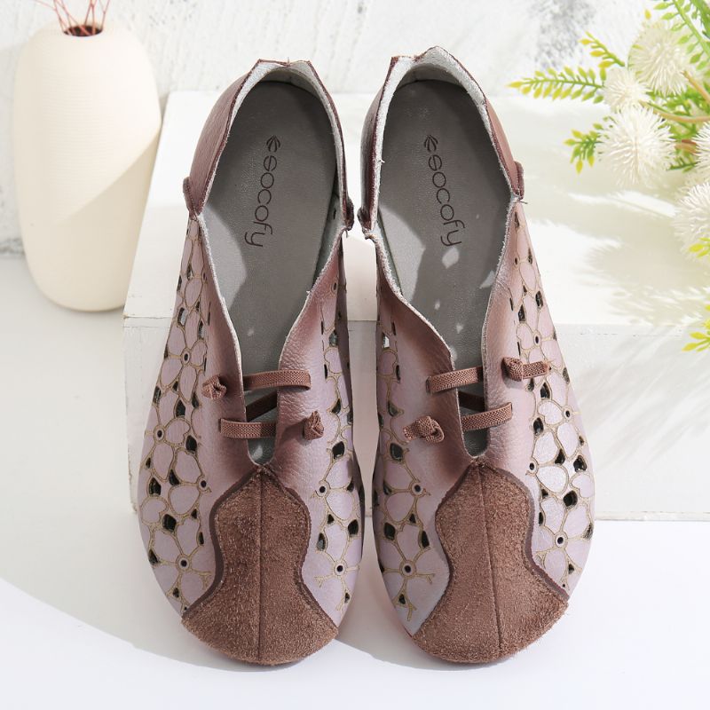 Retro Colorblock Splicing Lederen Bloemen Hollow Elastische Band Slip-on Platte Schoenen