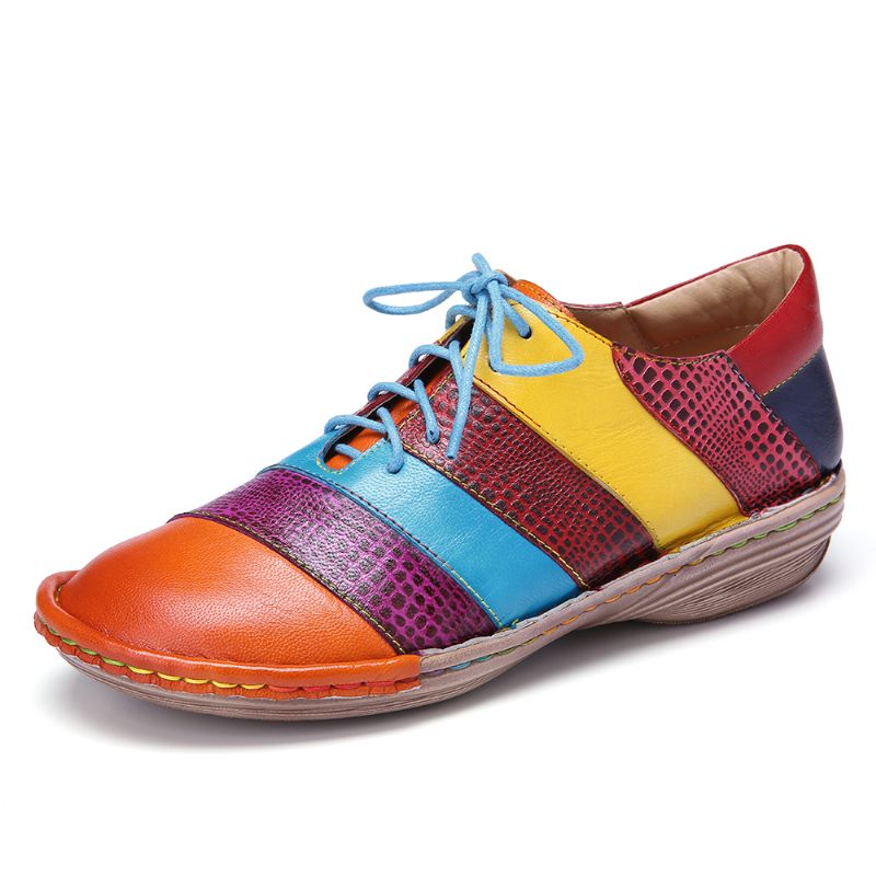 Retro Handgemaakte Lederen Colorblock Contrasterende Platte Schoenen Met Veters