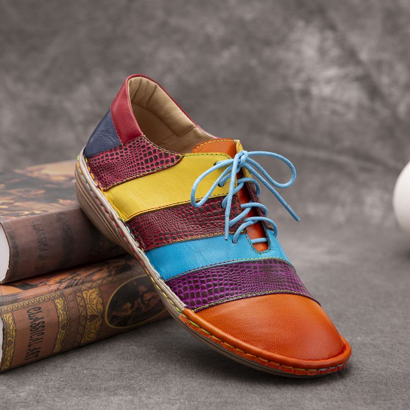 Retro Handgemaakte Lederen Colorblock Contrasterende Platte Schoenen Met Veters