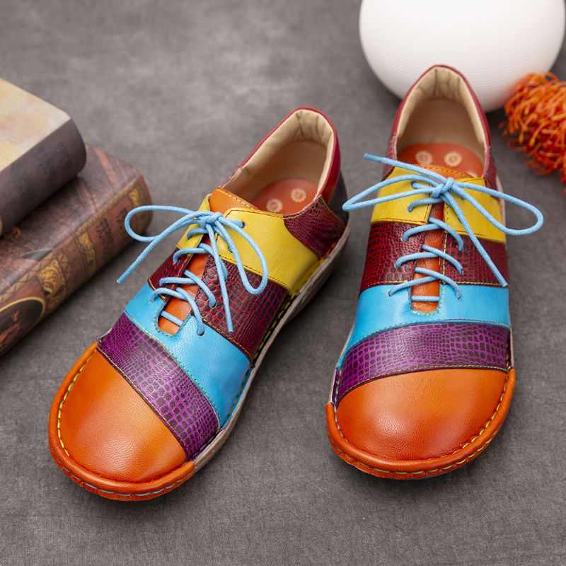 Retro Handgemaakte Lederen Colorblock Contrasterende Platte Schoenen Met Veters