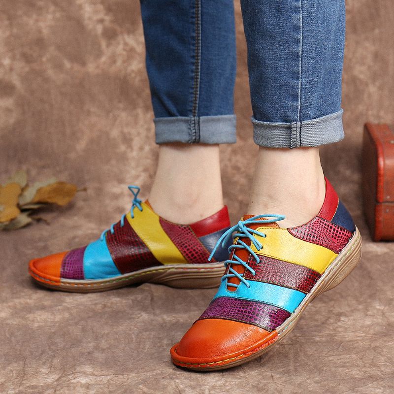 Retro Handgemaakte Lederen Colorblock Contrasterende Platte Schoenen Met Veters