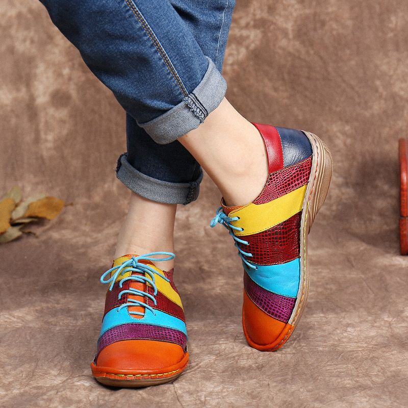 Retro Handgemaakte Lederen Colorblock Contrasterende Platte Schoenen Met Veters