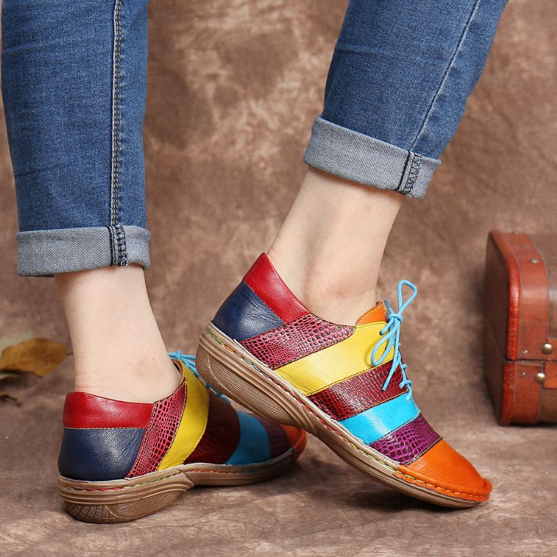 Retro Handgemaakte Lederen Colorblock Contrasterende Platte Schoenen Met Veters