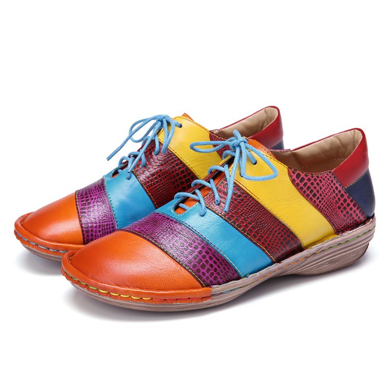 Retro Handgemaakte Lederen Colorblock Contrasterende Platte Schoenen Met Veters