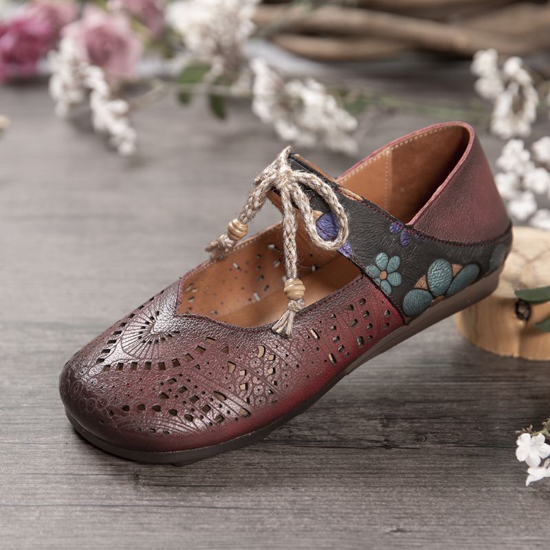 Retro Holle Bloemen Zachte Zool Knoop Ronde Teen Enkelband Platte Schoenen