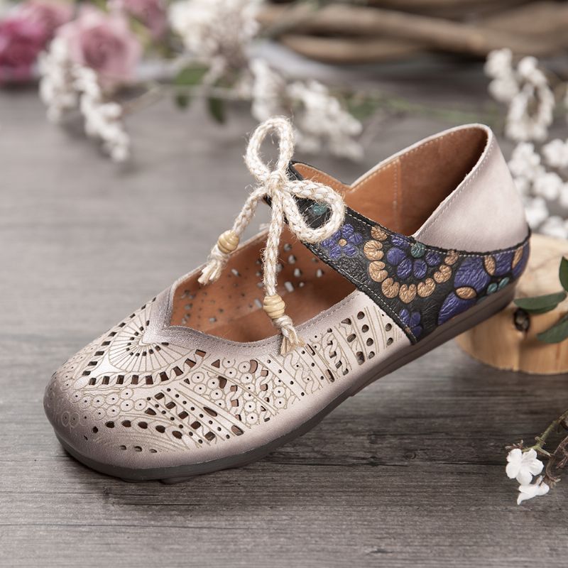 Retro Holle Bloemen Zachte Zool Knoop Ronde Teen Enkelband Platte Schoenen