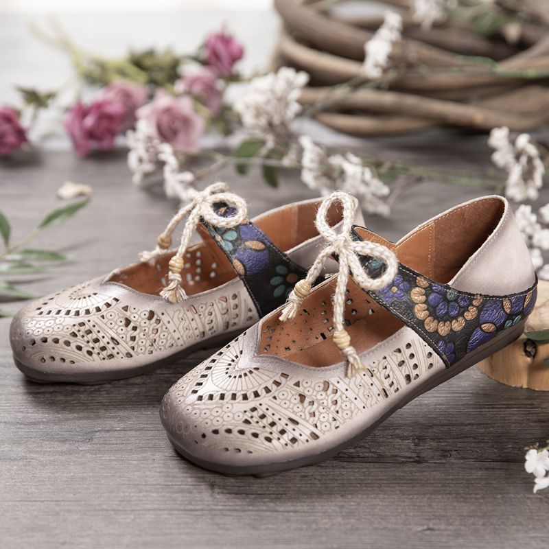 Retro Holle Bloemen Zachte Zool Knoop Ronde Teen Enkelband Platte Schoenen