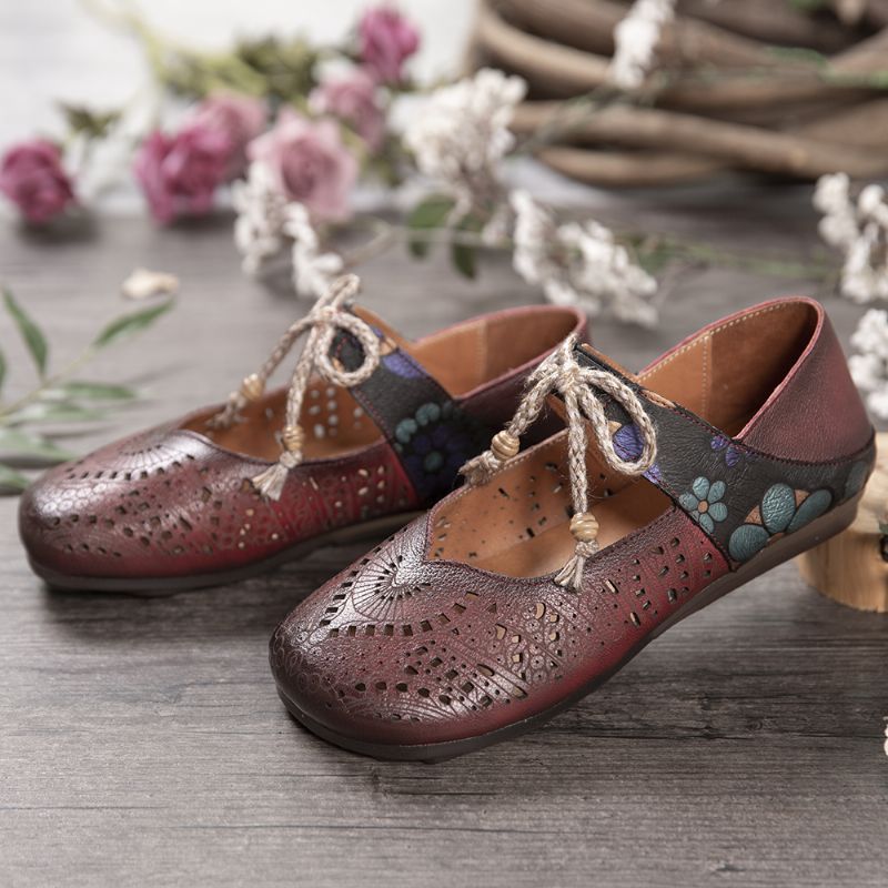 Retro Holle Bloemen Zachte Zool Knoop Ronde Teen Enkelband Platte Schoenen