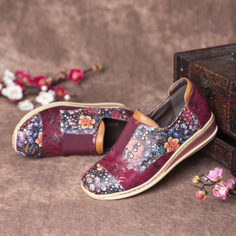 Retro Splicing Kleine Bloemen Lederen Platte Rits Schoenen