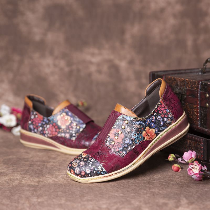 Retro Splicing Kleine Bloemen Lederen Platte Rits Schoenen