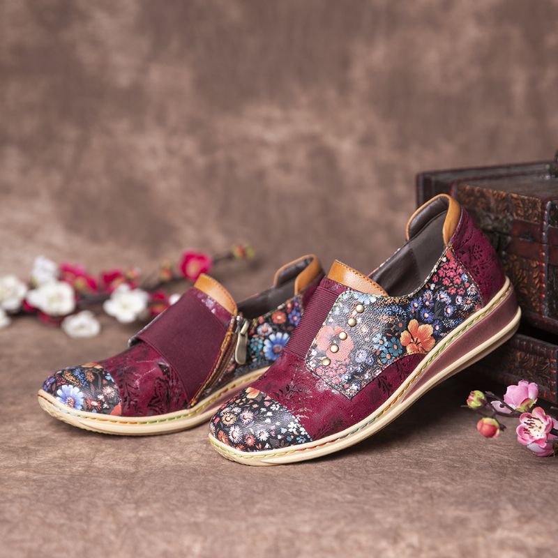 Retro Splicing Kleine Bloemen Lederen Platte Rits Schoenen