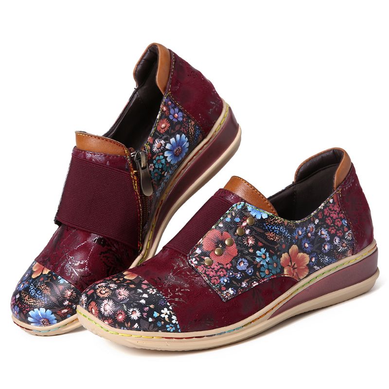 Retro Splicing Kleine Bloemen Lederen Platte Rits Schoenen