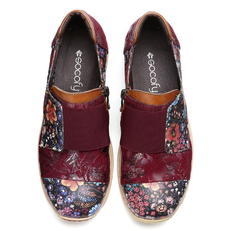 Retro Splicing Kleine Bloemen Lederen Platte Rits Schoenen