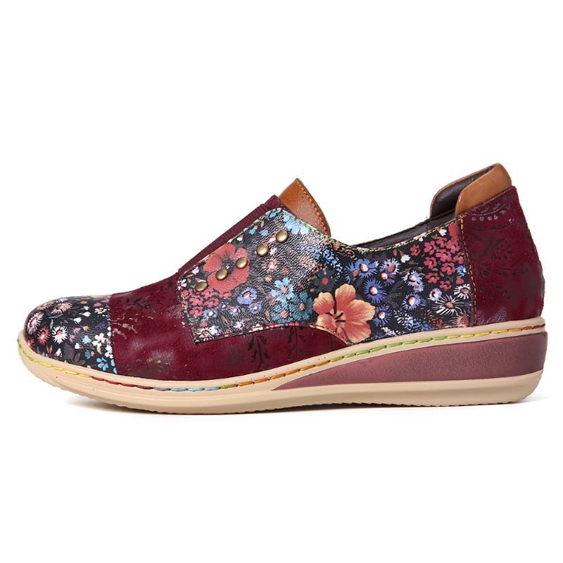 Retro Splicing Kleine Bloemen Lederen Platte Rits Schoenen