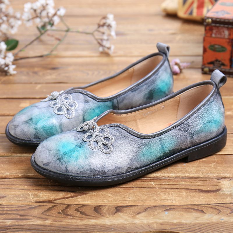 Tie-dyed Lederen Chinese Knoop Decor Zachte Slip Op Platte Schoenen