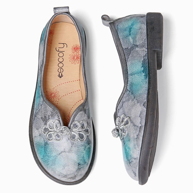 Tie-dyed Lederen Chinese Knoop Decor Zachte Slip Op Platte Schoenen