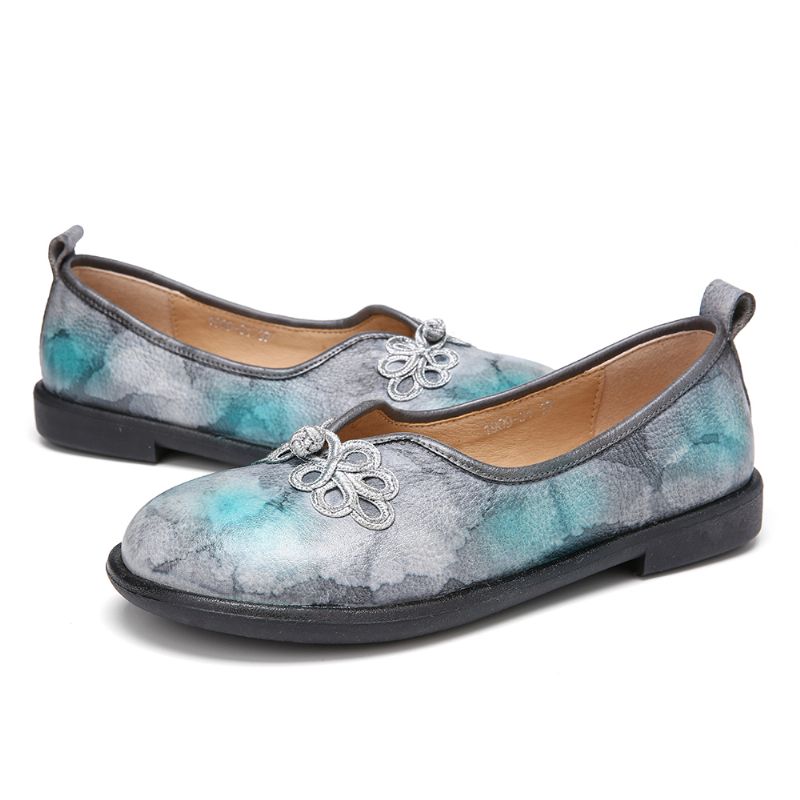 Tie-dyed Lederen Chinese Knoop Decor Zachte Slip Op Platte Schoenen