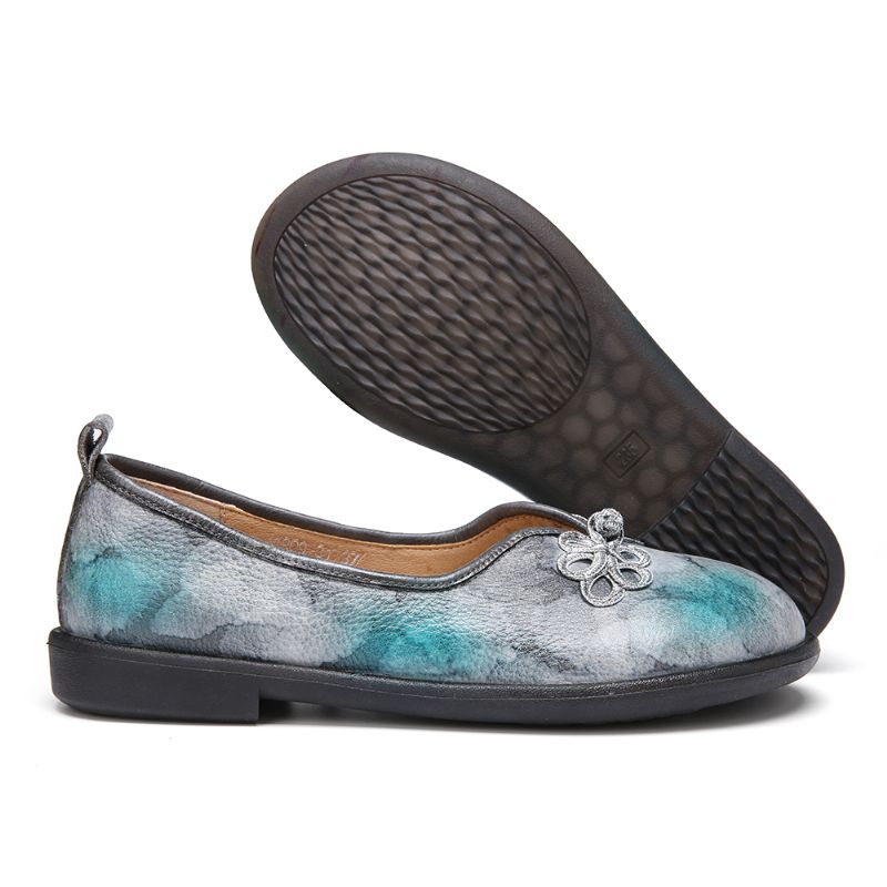 Tie-dyed Lederen Chinese Knoop Decor Zachte Slip Op Platte Schoenen