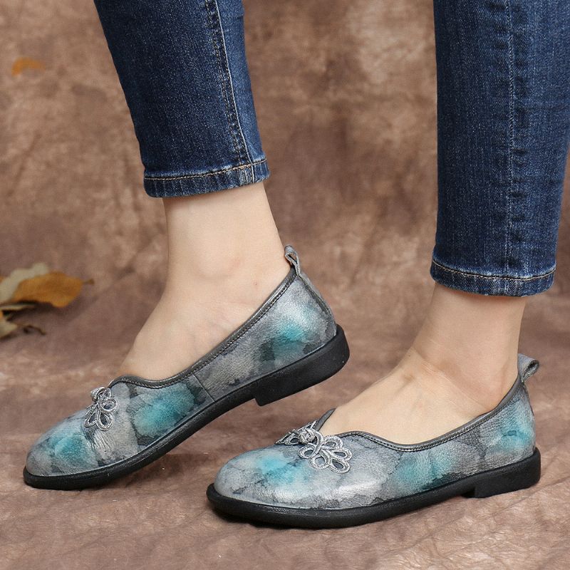 Tie-dyed Lederen Chinese Knoop Decor Zachte Slip Op Platte Schoenen