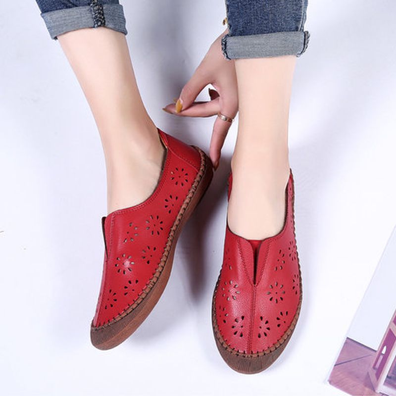 Vrouwen Echt Leer Slip Op Elastische Band Ademend Holle Lente Causale Flats Loafers