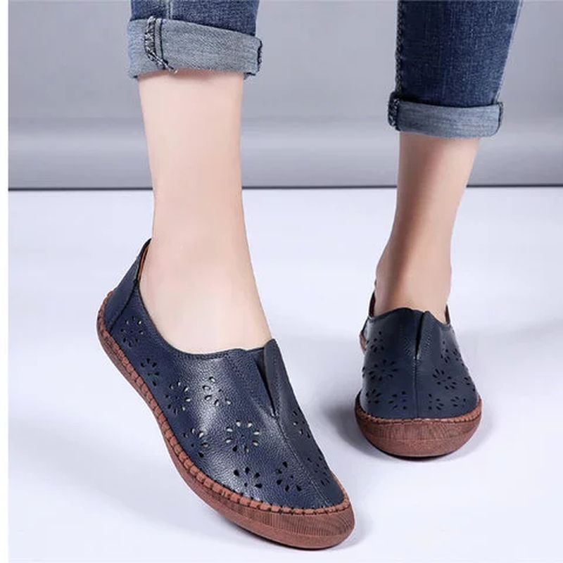 Vrouwen Echt Leer Slip Op Elastische Band Ademend Holle Lente Causale Flats Loafers