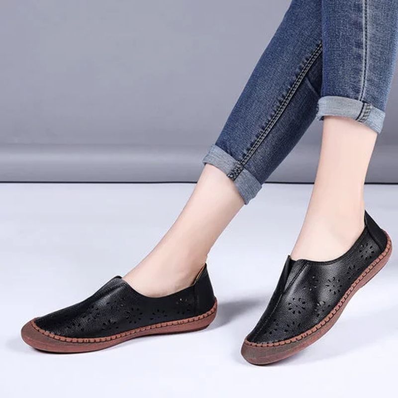 Vrouwen Echt Leer Slip Op Elastische Band Ademend Holle Lente Causale Flats Loafers