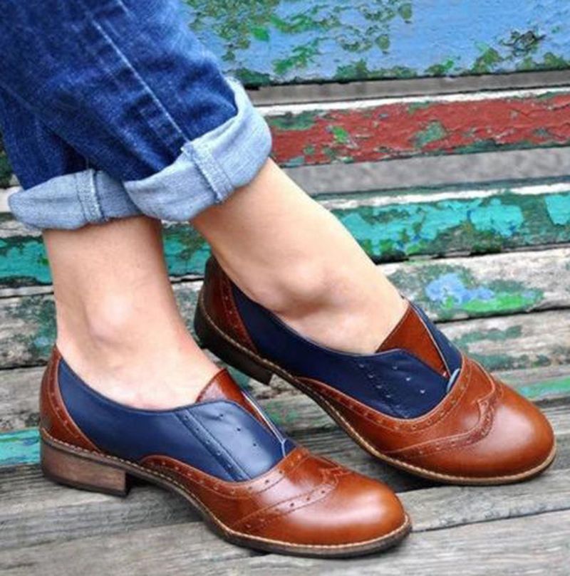 Vrouwen Kleur Splicing Vierkante Hak Ronde Neus Brogue Oxfords Casual Flats Loafers