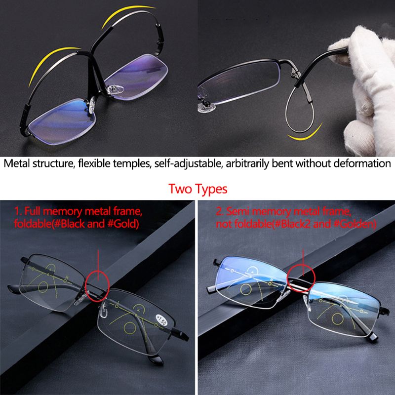 Unisex Opvouwbaar Half Frame Anti-blauw Licht Dual-gebruik Intelligente Zoom Multi-focus Kleur Veranderende Leesbril Verziend Bril