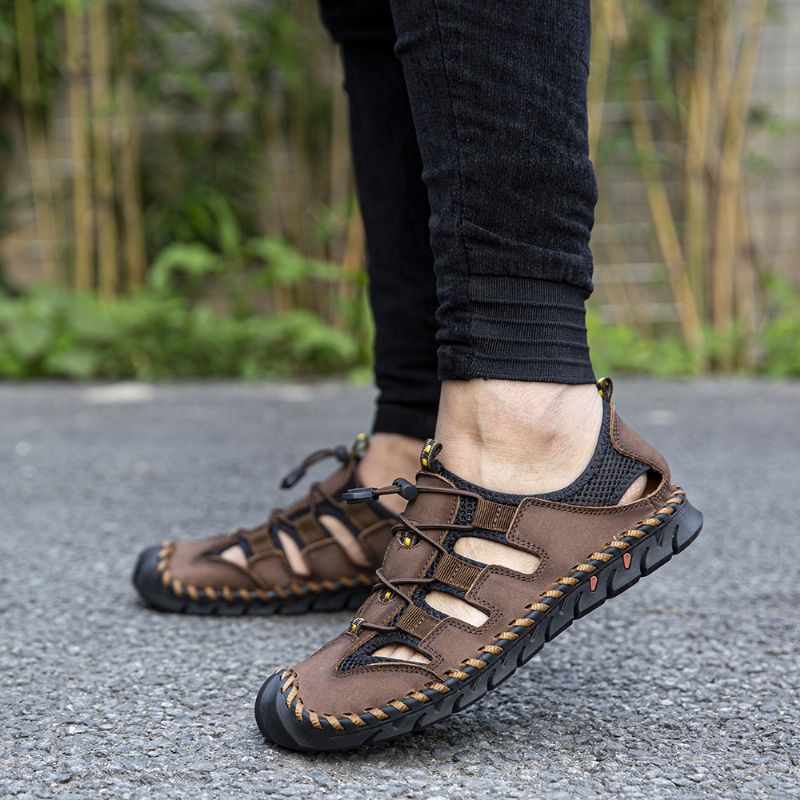 Heren Lederen Mesh Splicing Antislip Casual Hand Stiksels Sandalen