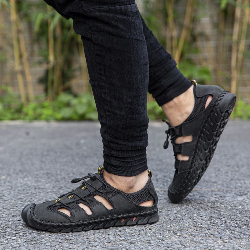 Heren Lederen Mesh Splicing Antislip Casual Hand Stiksels Sandalen