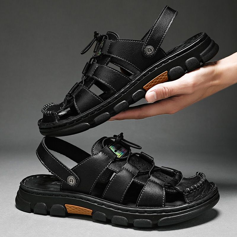 Heren Rundleder Zachte Zool Twee-weg Antislip Elastische Veters Trendy Casual Sandalen