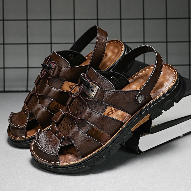 Heren Rundleder Zachte Zool Twee-weg Antislip Elastische Veters Trendy Casual Sandalen