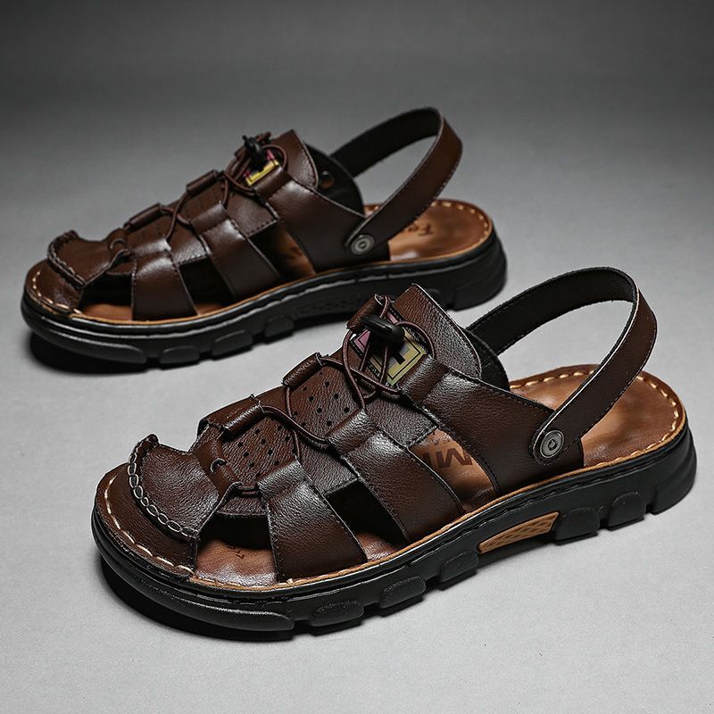 Heren Rundleder Zachte Zool Twee-weg Antislip Elastische Veters Trendy Casual Sandalen