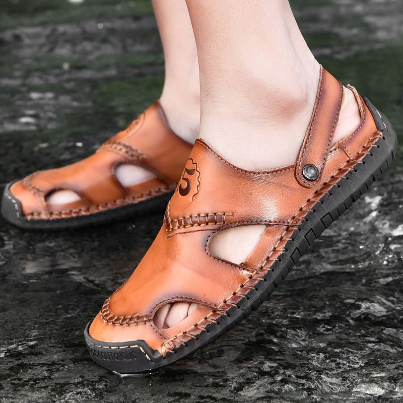 Heren Rundleer Ademend Handstiksel Zachte Bodem Outdoor Casual Sandalen