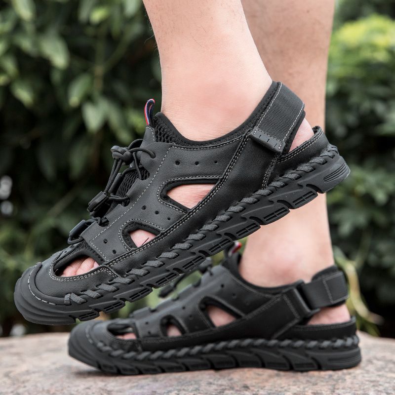 Heren Rundleer Ademend Mesh Handstiksels Antislip Soft Casual Outdoor Sandalen