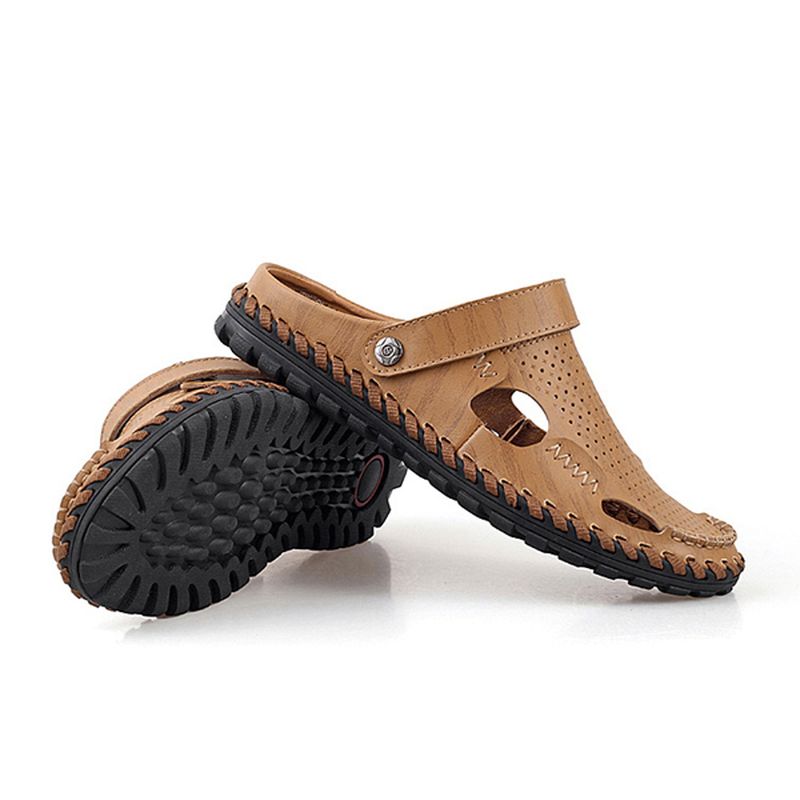 Heren Zomer Leren Sandaal Casual Ronde Neus Outdoor Platte Mode Zachte Strand Slipper