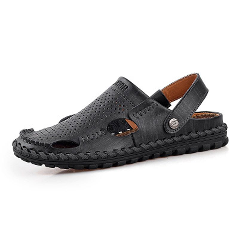 Heren Zomer Leren Sandaal Casual Ronde Neus Outdoor Platte Mode Zachte Strand Slipper