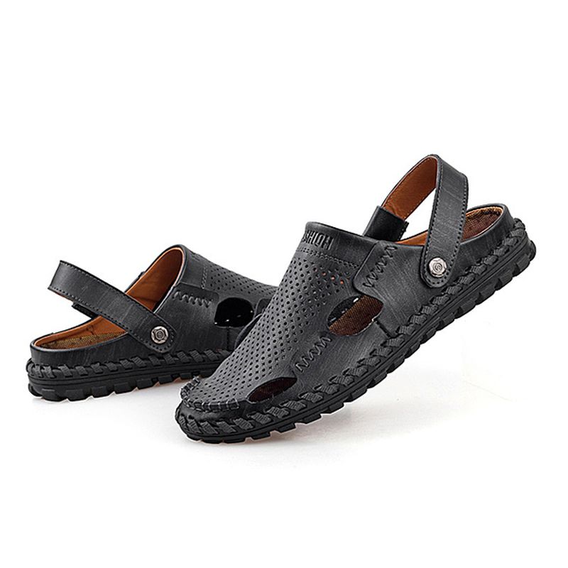 Heren Zomer Leren Sandaal Casual Ronde Neus Outdoor Platte Mode Zachte Strand Slipper