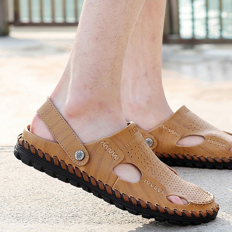 Heren Zomer Leren Sandaal Casual Ronde Neus Outdoor Platte Mode Zachte Strand Slipper