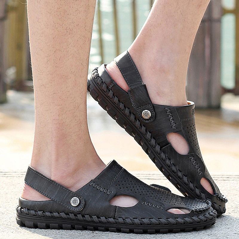 Heren Zomer Leren Sandaal Casual Ronde Neus Outdoor Platte Mode Zachte Strand Slipper