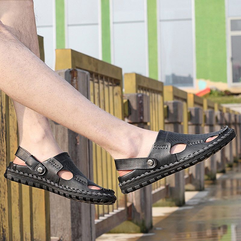 Heren Zomer Leren Sandaal Casual Ronde Neus Outdoor Platte Mode Zachte Strand Slipper