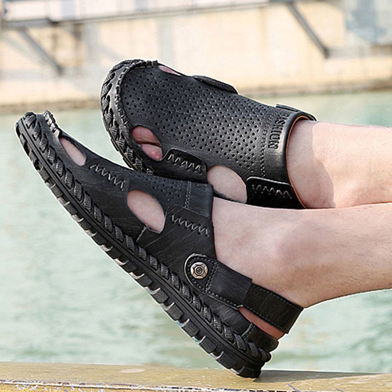 Heren Zomer Leren Sandaal Casual Ronde Neus Outdoor Platte Mode Zachte Strand Slipper