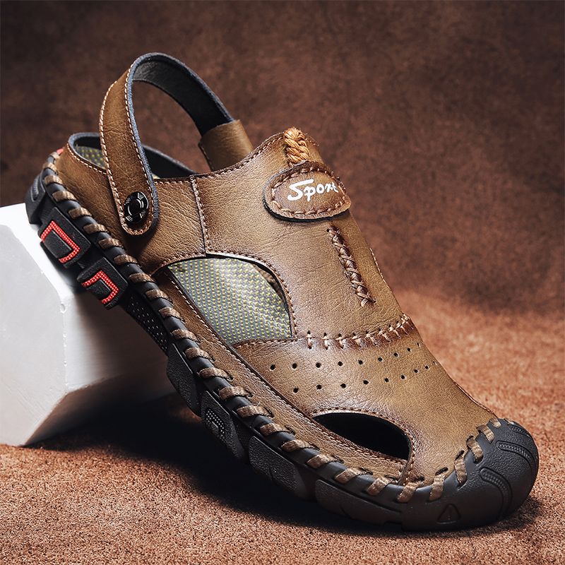 Mannen Echt Leer Ademend Hand Stiksels Twee Manieren Zachte Bodem Outdoor Casual Sandalen