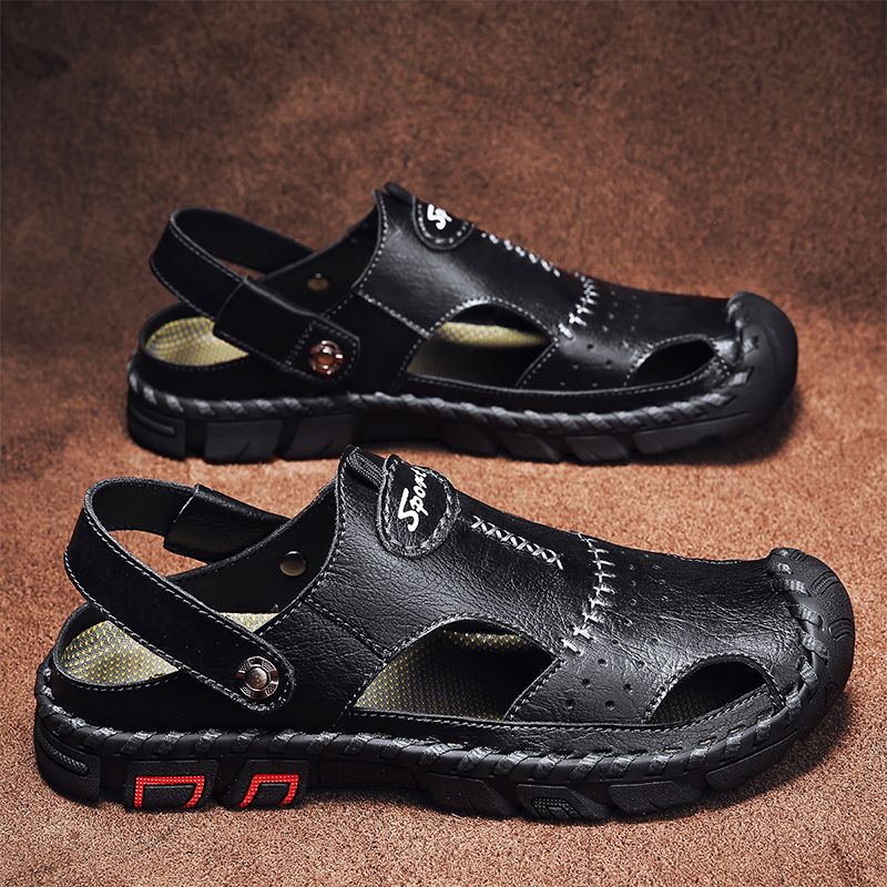 Mannen Echt Leer Ademend Hand Stiksels Twee Manieren Zachte Bodem Outdoor Casual Sandalen